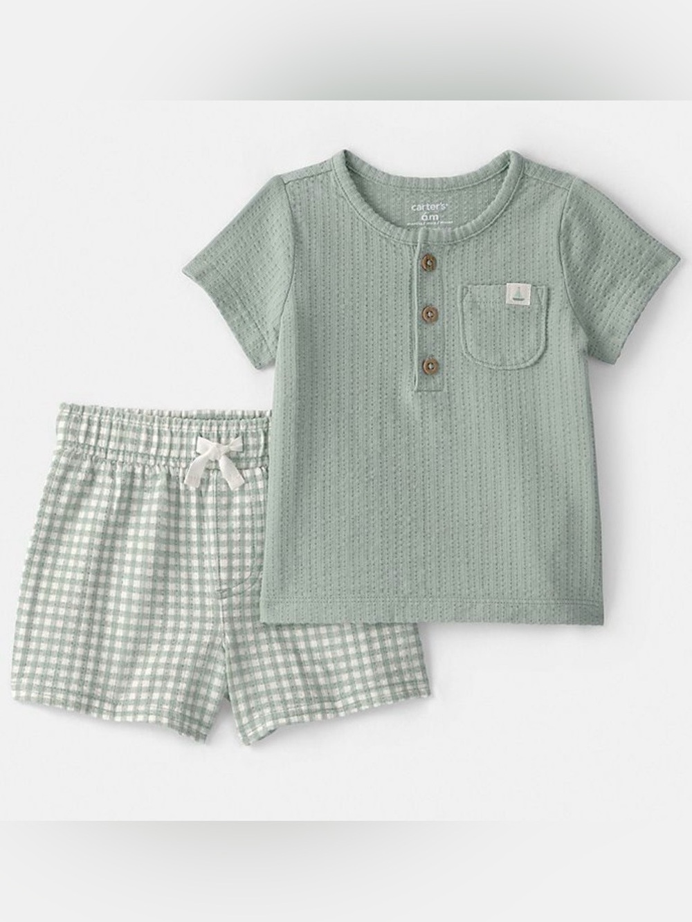 Carter's Sage Green Short Sleeve Henley Set with Gingham Shorts